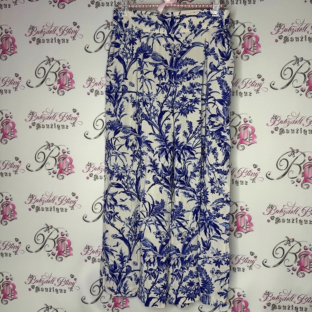 H&M pants flare flowy wide leg birds Greece style Floral Blue and White pants